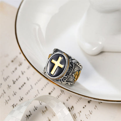 Black and Two-Tone Engraved Cross Band, statement rings for women, everyday style, styled look