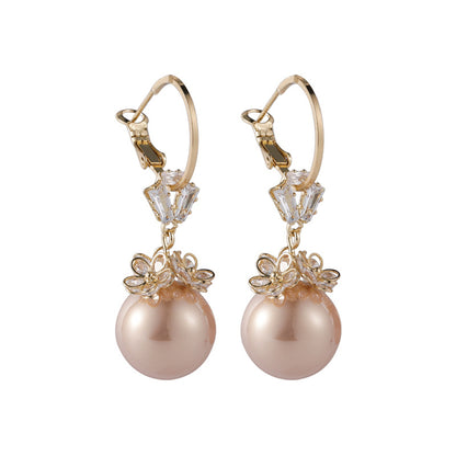 Champagne Pearl and Cubic Zirconia Flower Huggie Earrings, huggie earrings, dainty minimalist design, front view