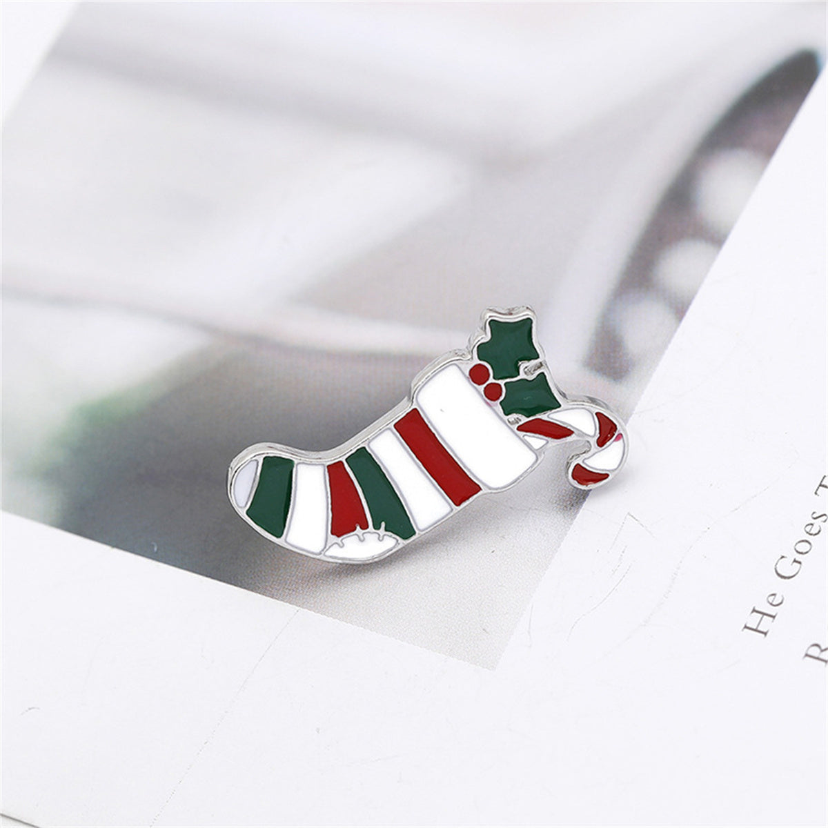 Red and Green Stripe Stocking Brooch, brooch pin, dainty minimalist design, side view