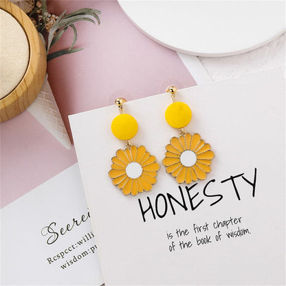 Yellow Enamel and 18K Gold-Plated Mum Drop Earrings, gold drop earrings for women, elegant gift for her, side view
