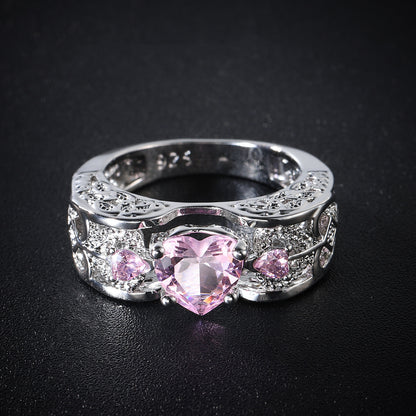 Pink Crystal and Cubic Zirconia Heart Band Ring, jewelry gift sets for women, elegant gift for her, detail close-up