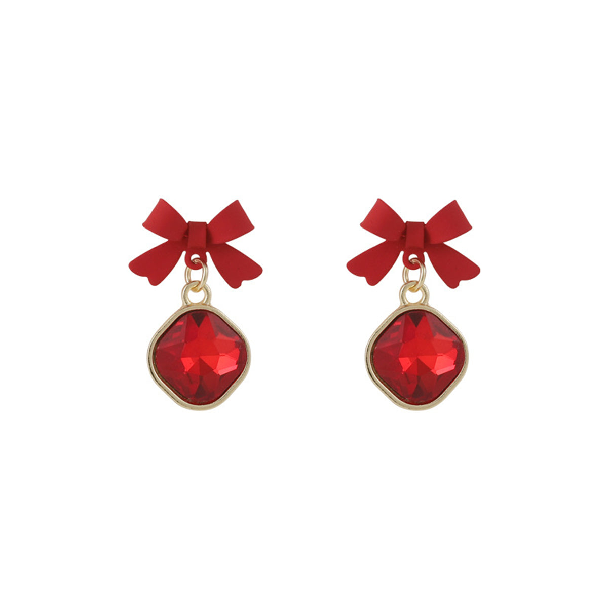 Red Crystal and Enamel 18K Gold-Plated Bow Drop Earrings, gold drop earrings for women, elegant gift for her, front view