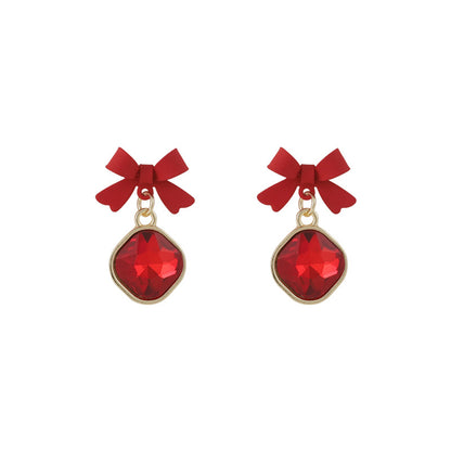 Red Crystal and Enamel 18K Gold-Plated Bow Drop Earrings, gold drop earrings for women, elegant gift for her, front view