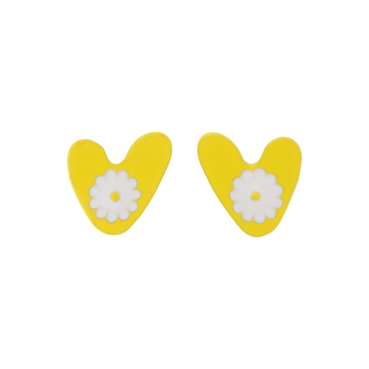 Yellow Enamel and Silver-Plated Heart Daisy Stud Earrings, silver stud earrings for women, elegant gift for her, front view
