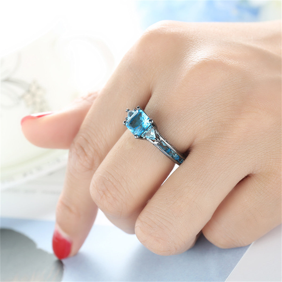 Sea Blue Crystal and Rhodium-Plated Prong-Set Ring, statement rings for women, dainty minimalist design, styled look