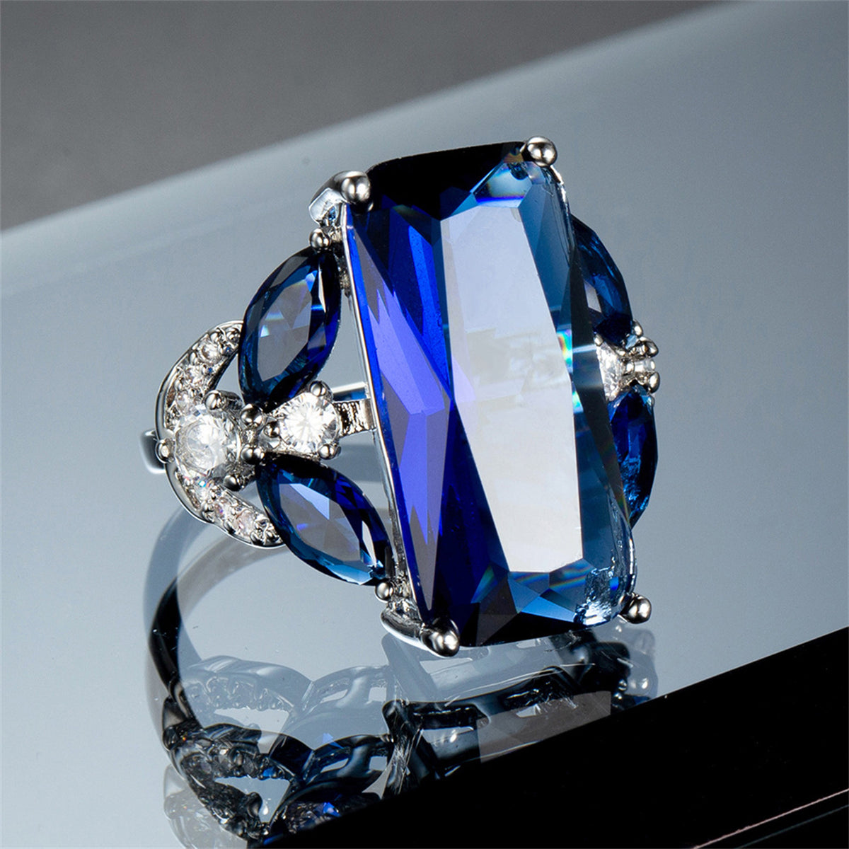 Cubic Zirconia & Blue Crystal Rectangle Ring