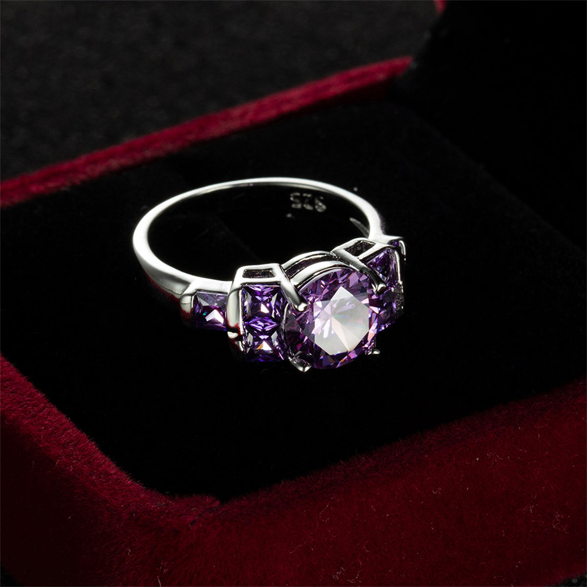 Purple Crystal & Silver-Plated Round-Cut Ring