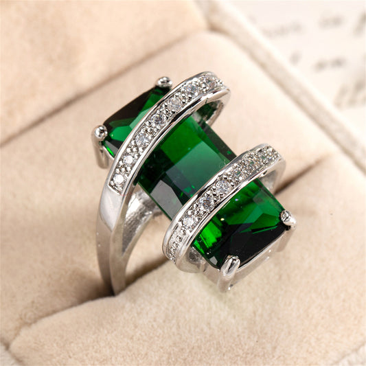 Green Crystal and Cubic Zirconia Pavé Wrap Emerald-Cut Ring, statement rings for women, botanical inspired, front view