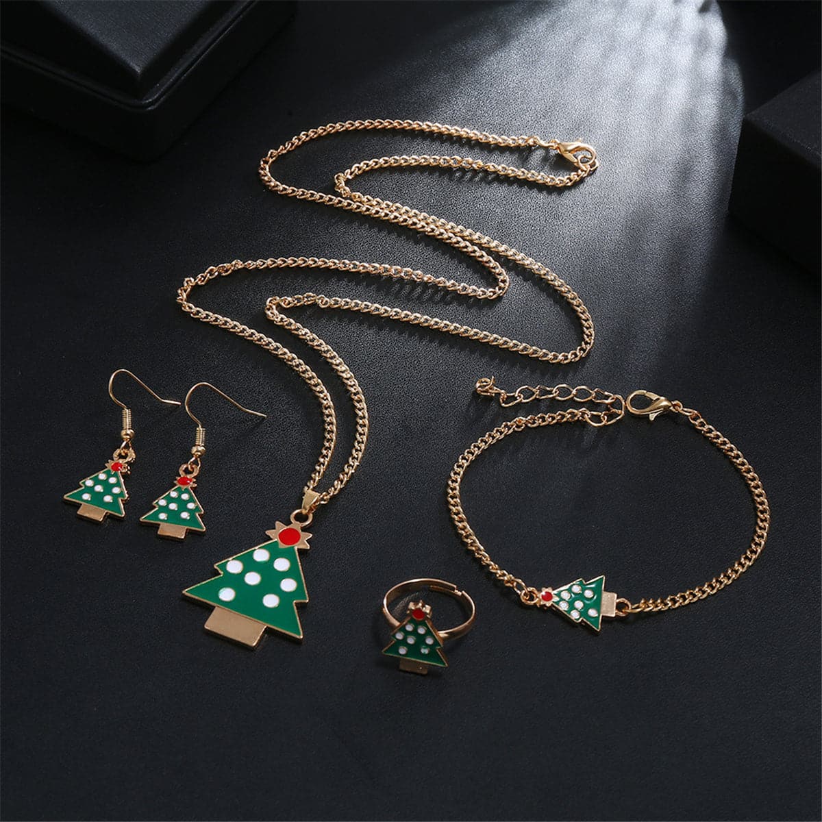 Green Enamel & 18K Gold-Plated Christmas Tree Jewelry Set