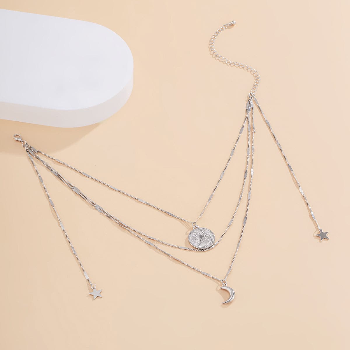 Silver-Plated Moon & Star Layered Pendant Necklace