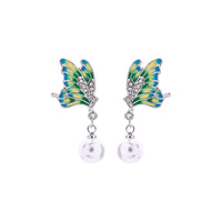 Green & Imitation Pearl Butterfly Drop Earrings