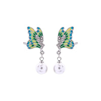 Green & Imitation Pearl Butterfly Drop Earrings