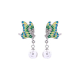 Green & Imitation Pearl Butterfly Drop Earrings