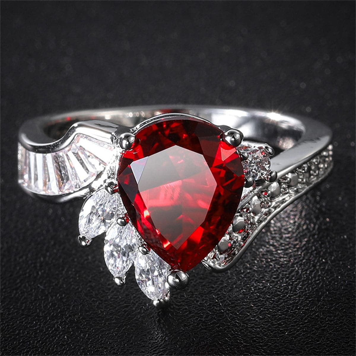 Red Crystal and Cubic Zirconia Pear Asymmetrical Ring, statement rings for women, elegant gift for her, styled look