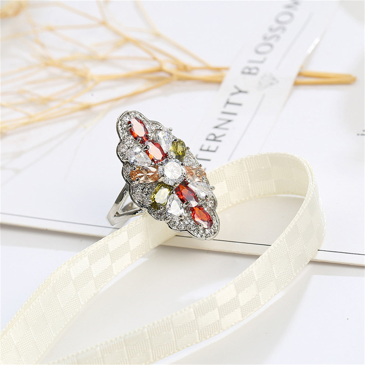 Red Multicolor Crystal and Silver-Plated Pear-Cut Pavé Statement Ring, jewelry gift sets for women, detail close-up