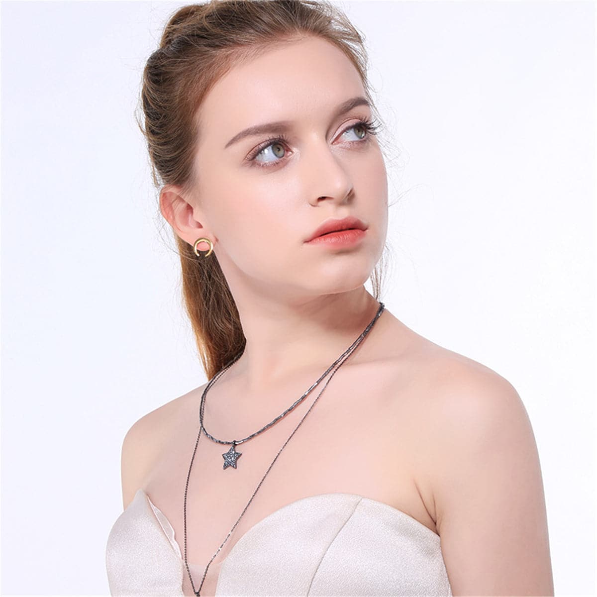 Black Cubic Zirconia & Gunmetal-Tone Moon & Star Layered Necklace