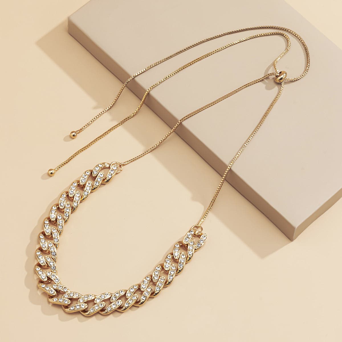Cubic Zirconia and 18K Gold-Plated Figaro Statement Necklace, gold pendant necklace for women, botanical inspired, front view