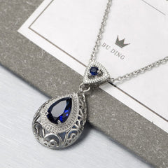 Navy Crystal & Silver-Plated Filigree Pear Pendant Necklace