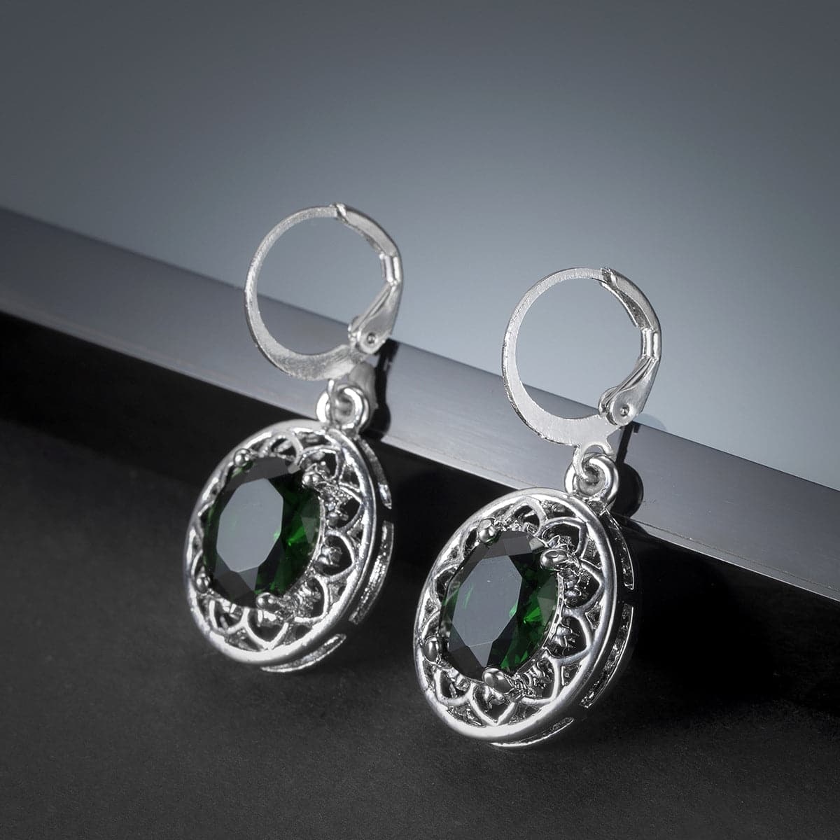 Green Crystal & Silver-Plated Floral Drop Earrings