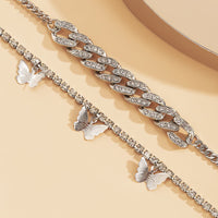 Cubic Zirconia & Silver Plated Butterfly Charm Figaro Anklet Set