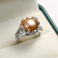 Champagne Imitation Pearl & Cubic Zirconia Floral Botany Ring