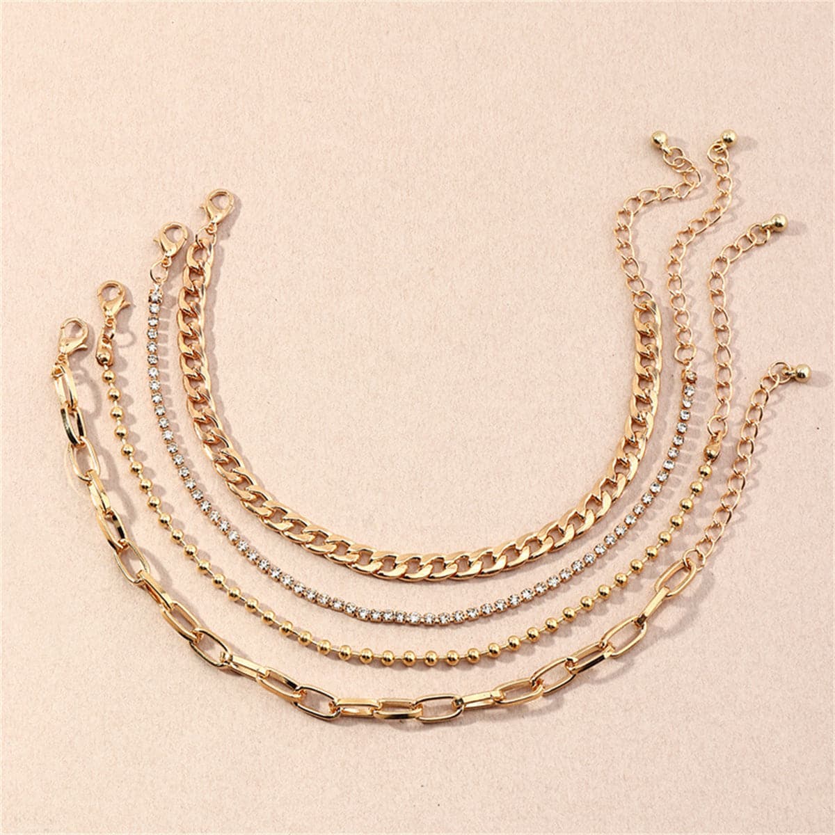 Cubic Zirconia and 18K Gold-Plated Figaro Bead Anklet Set, jewelry gift sets for women, detail close-up