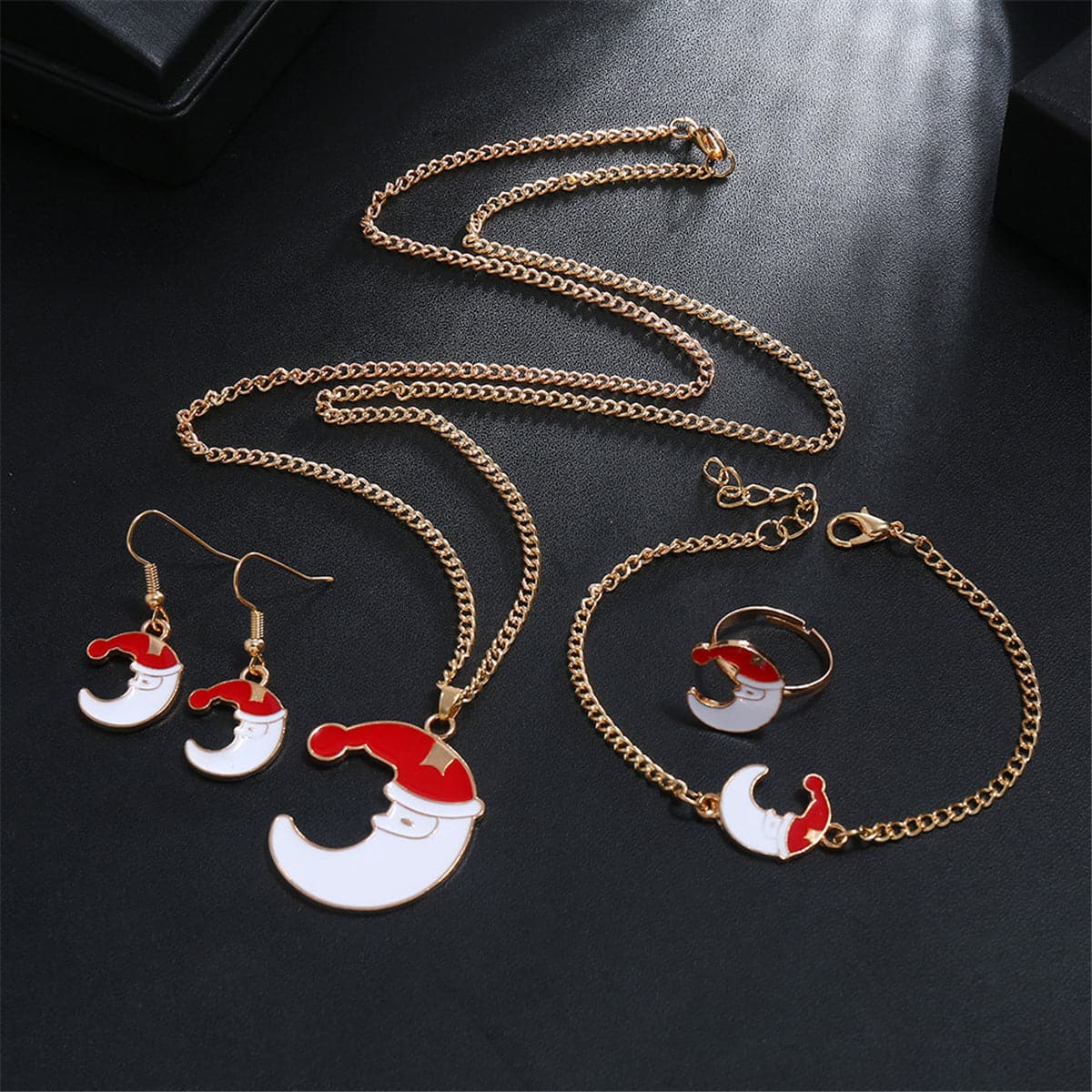 Red Enamel and 18K Gold-Plated Crescent Moon Santa Pendant Necklace Set, gold drop earrings for women, front view