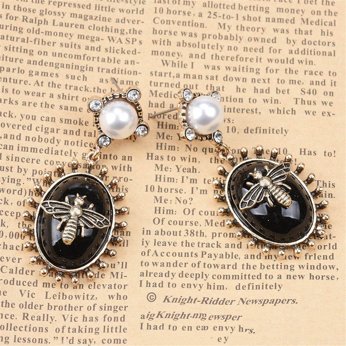Black Crystal & Pearl 18K Gold-Plated Bee Drop Earrings