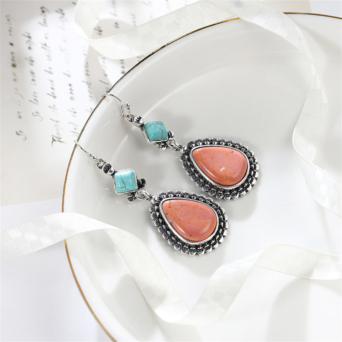 Turquoise & Silver-Plated Drop Earrings