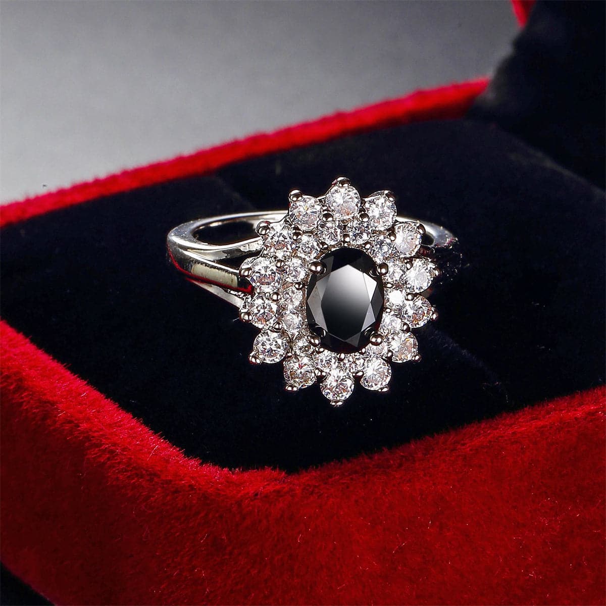 Cubic Zirconia & Black Crystal Flower Halo Ring