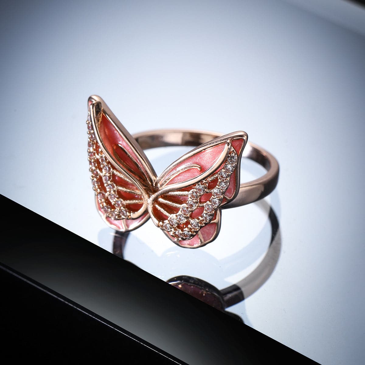 Cubic Zirconia & Enamel 18K Rose Gold-Plated Butterfly Ring