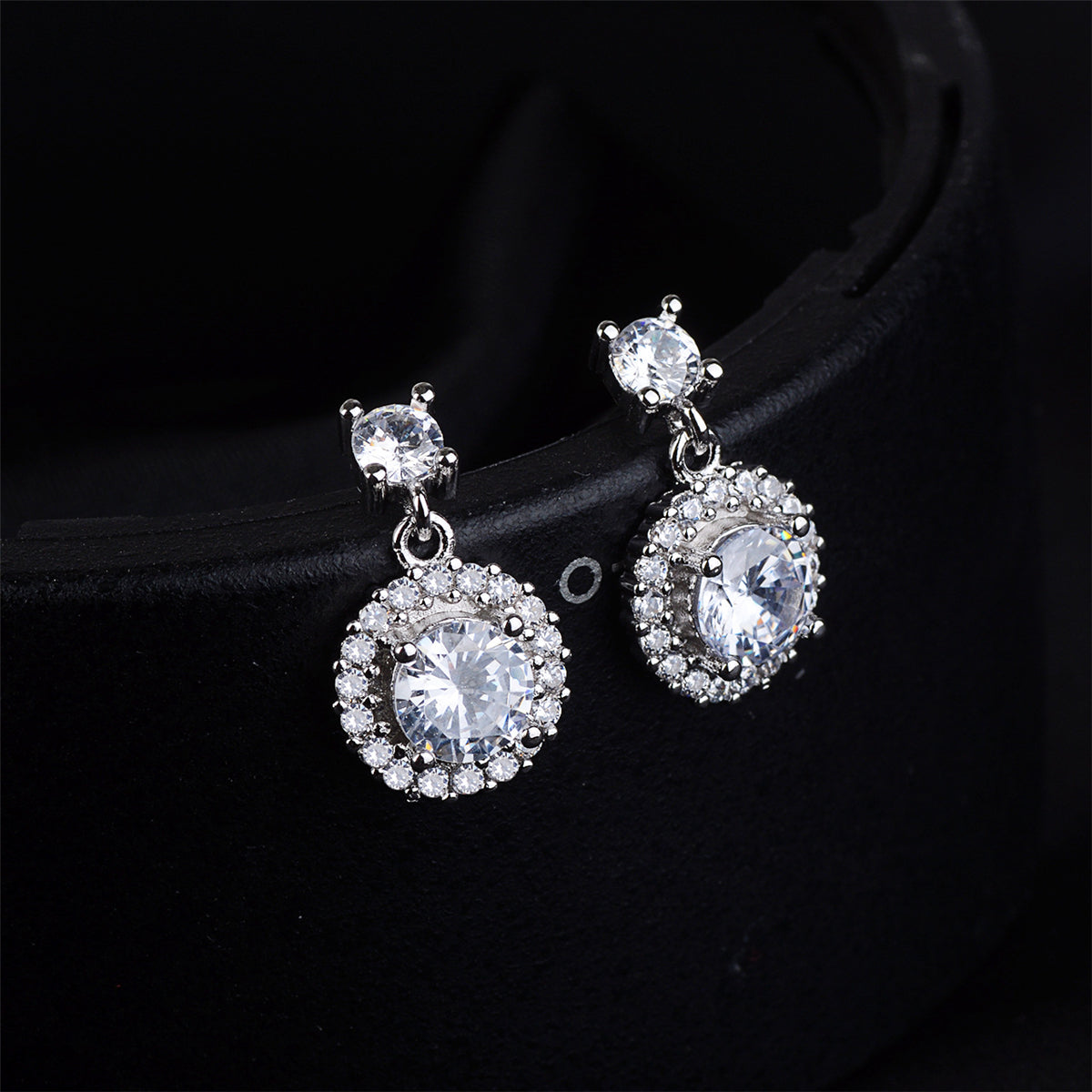 Cubic Zirconia and Silver-Plated Round-Cut Halo Drop Earrings, silver drop earrings for women, botanical inspired, side view