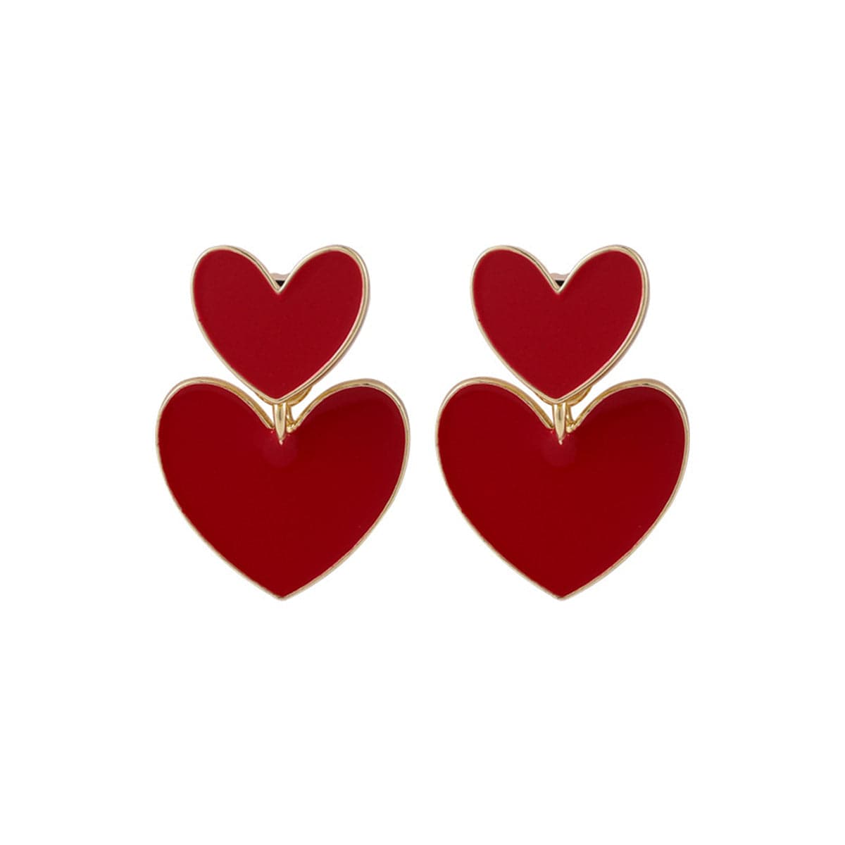 Red Enamel and 18K Gold-Plated Double-Heart Ear Jackets, gold drop earrings for women, botanical inspired, front view