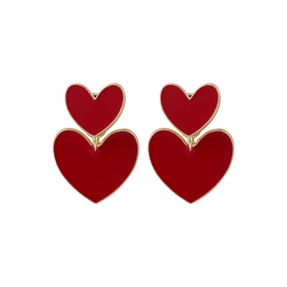 Red Enamel and 18K Gold-Plated Double-Heart Ear Jackets, gold drop earrings for women, botanical inspired, front view