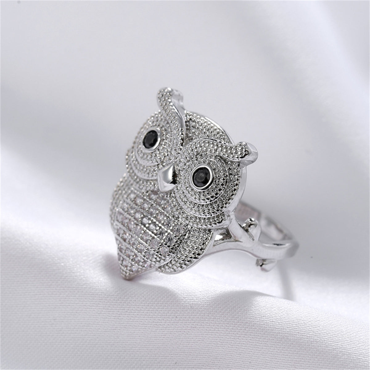 Cubic Zirconia & Silver-Plated Owl Ring