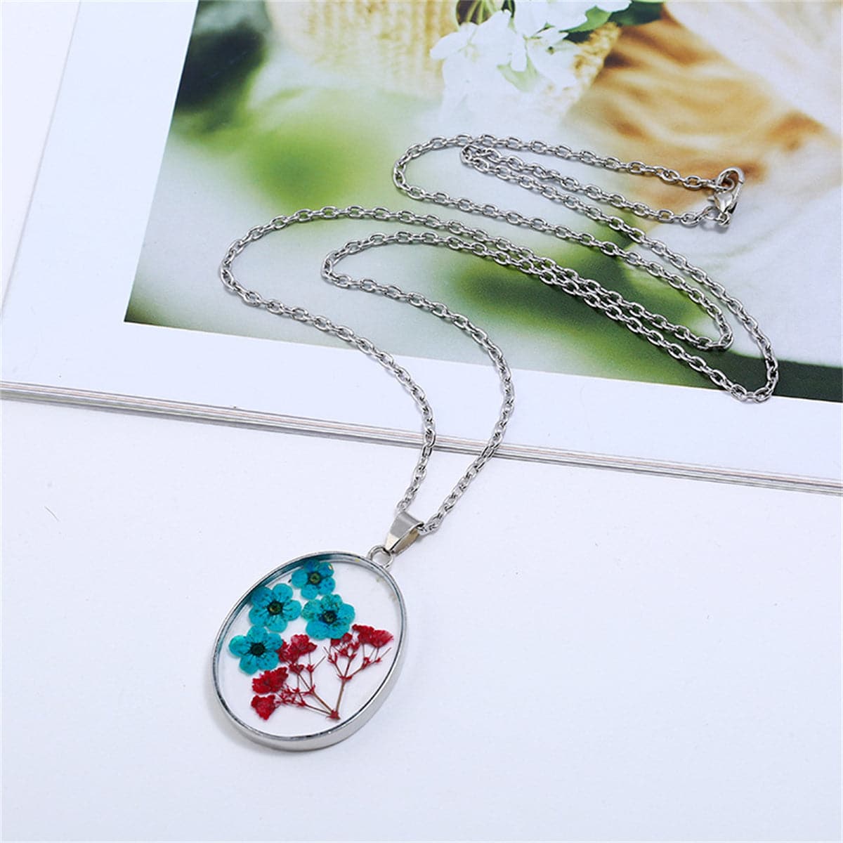 Purple Pressed Peach Blossom and Silver-Plated Oval Pendant Necklace, silver pendant necklace for women, side view