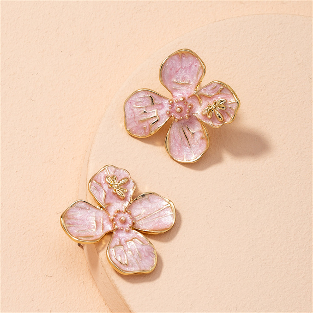 Pink Enamel and 18K Gold-Plated Bee Flower Stud Earrings, gold stud earrings for women, everyday style, side view