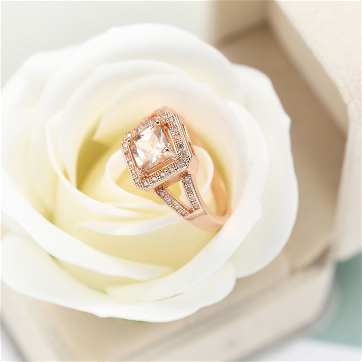 Cubic Zirconia and Crystal Princess-Cut Halo Ring, statement rings for women, dainty minimalist design, lifestyle look