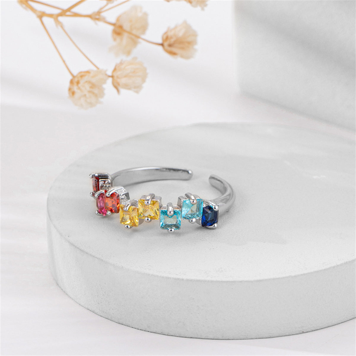Jewel-Tone Crystal & Silver-Plated Princess-Cut Open Ring