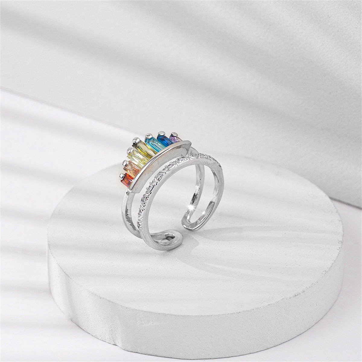 Multicolor Crystal & Silver-Plated Crown Open Ring