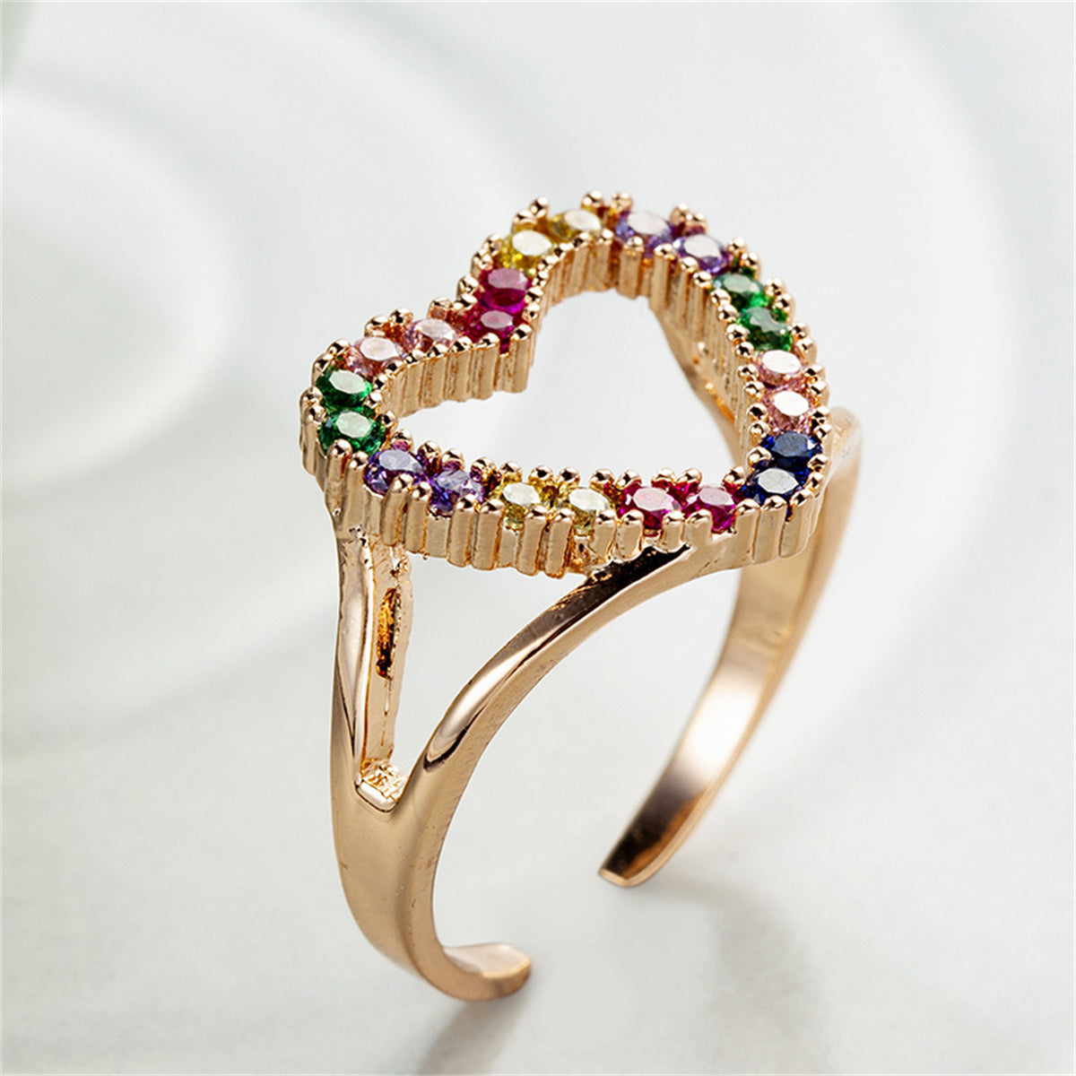 Red Cubic Zirconia and 18K Rose Gold-Plated Open Heart Ring, rose gold statement rings for women, lifestyle look