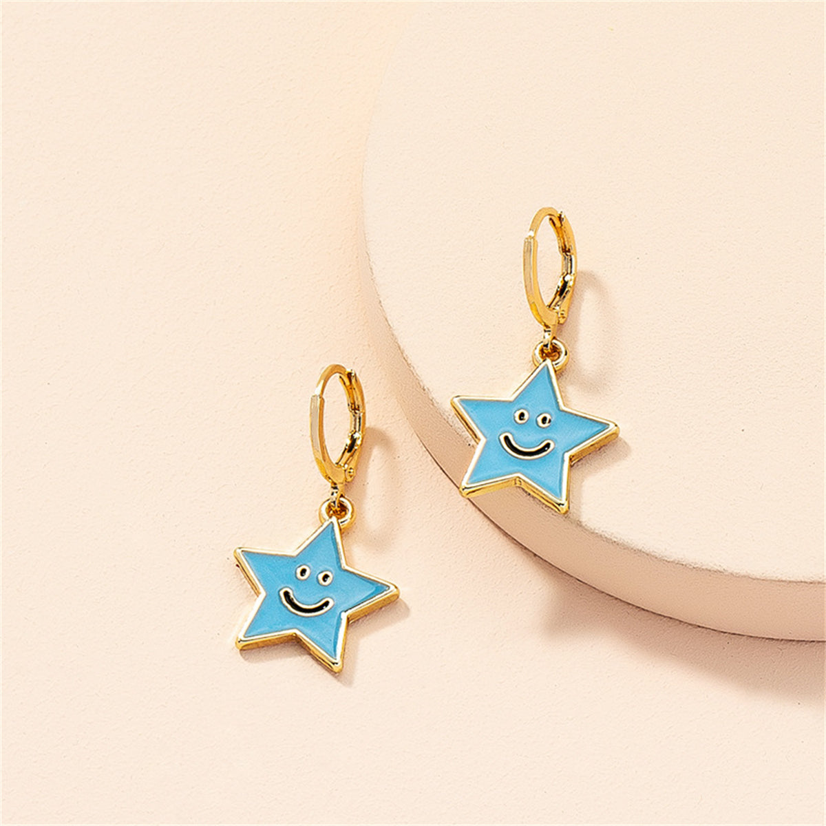 Blue Enamel & 18K Gold-Plated Smiley Star Huggie Drop Earrings