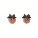 Coffee Enamel & Tan Pom-Pom Bow Ball Stud Earrings