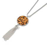 Tan & Silvertone Leopard Round Tassel Pendant Necklace