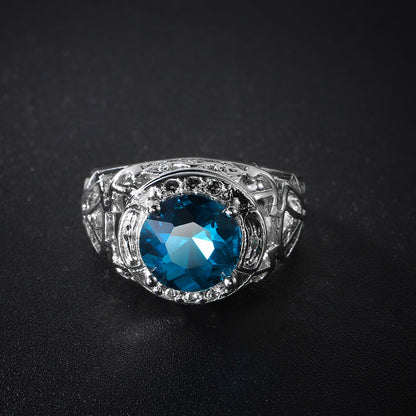 Blue Crystal and Silver-Plated Filigree Cocktail Ring, silver statement rings for women, detail close-up