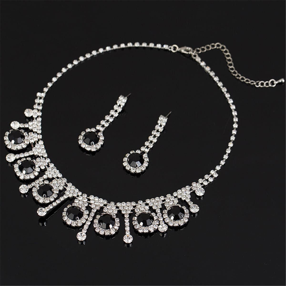 Black & Cubic Zirconia Round Statement Necklace & Drop Earrings
