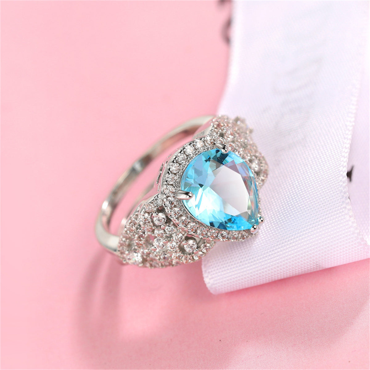 Sea Blue Crystal & Cubic Zirconia Teardrop-Cut Ring