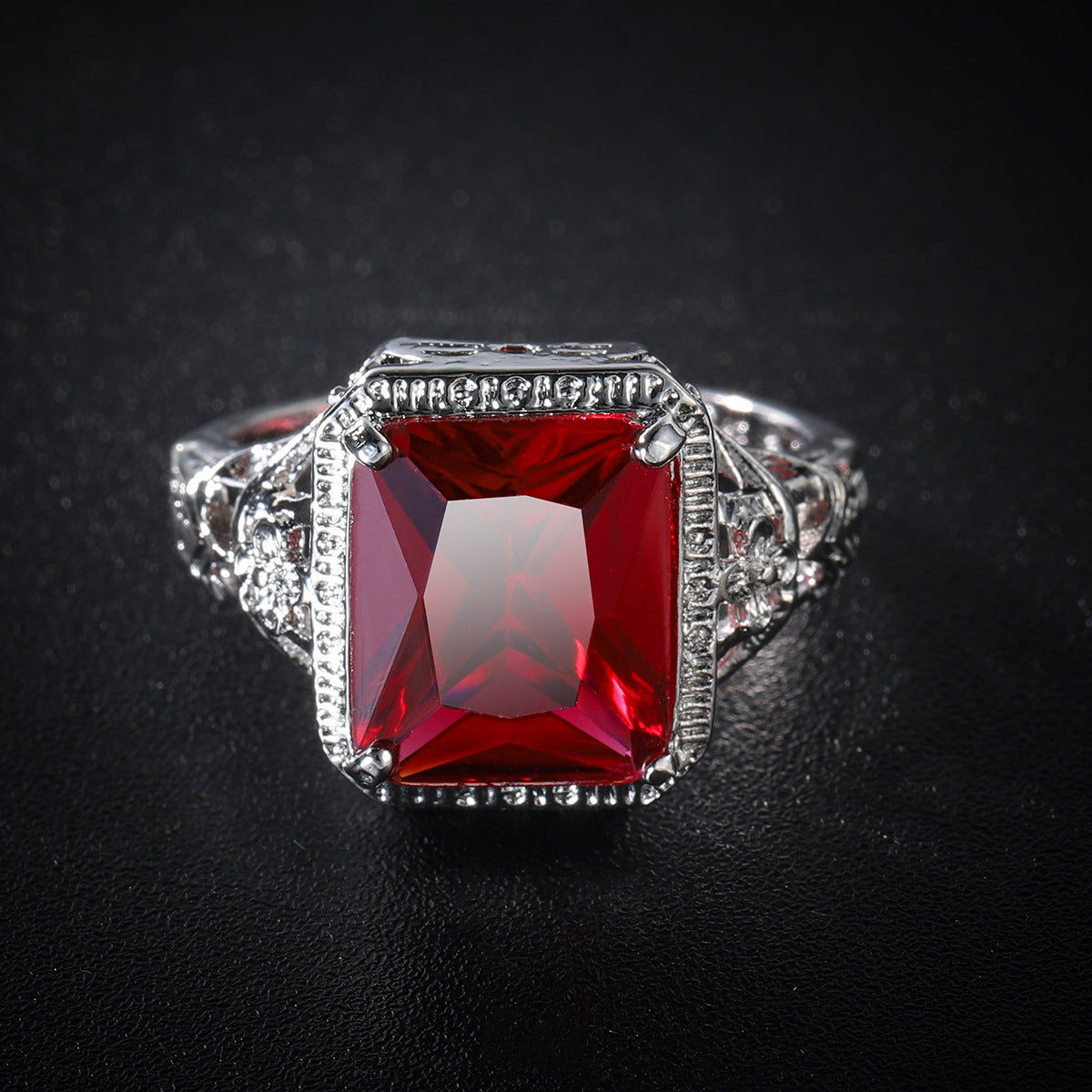 Red Crystal and Silver-Plated Openwork Floral Princess-Cut Ring, jewelry gift sets for women, botanical inspired, side view