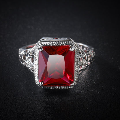 Red Crystal and Silver-Plated Openwork Floral Princess-Cut Ring, jewelry gift sets for women, botanical inspired, side view
