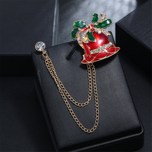Cubic Zirconia and Enamel 18K Gold-Plated Bell Chain Brooch, gold brooch pin, botanical inspired, front view